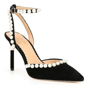 Antonio Melani x Nicola Bathie Bebe Suede Ankle Strap Pearl Detailing Pumps